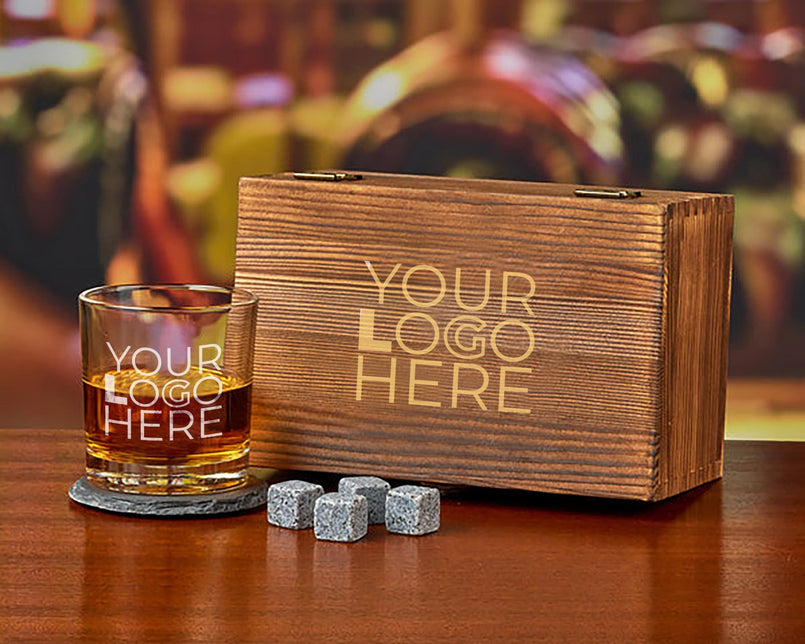 Whiskey Glass Set - Custom Engraved Personalized Logo Design in Wood Box, Perfect for Clients & Bulk Orders