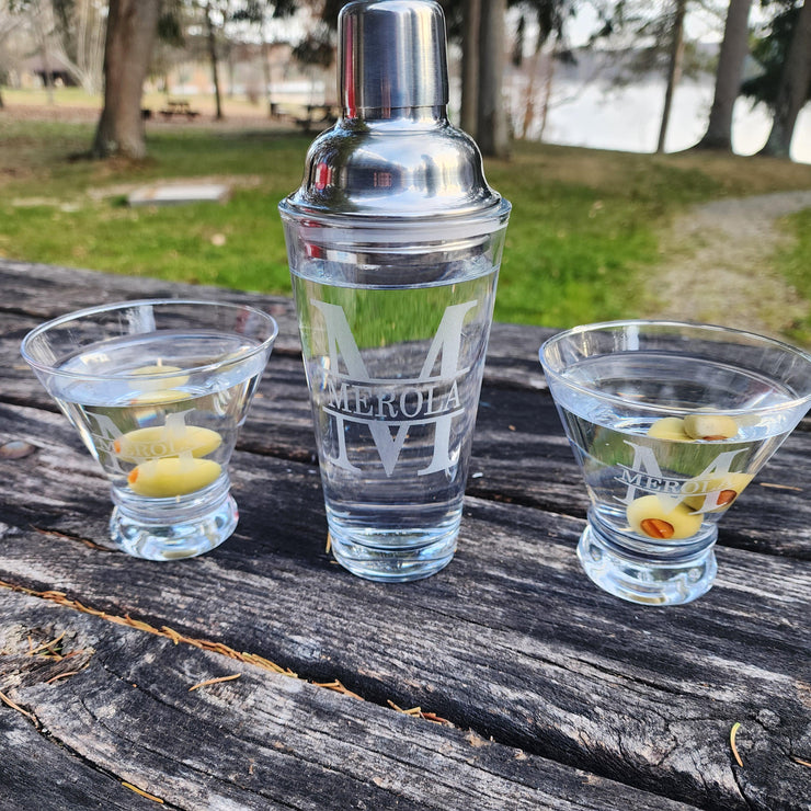 Custom Engraved Cocktail Shaker Martini Glass Set