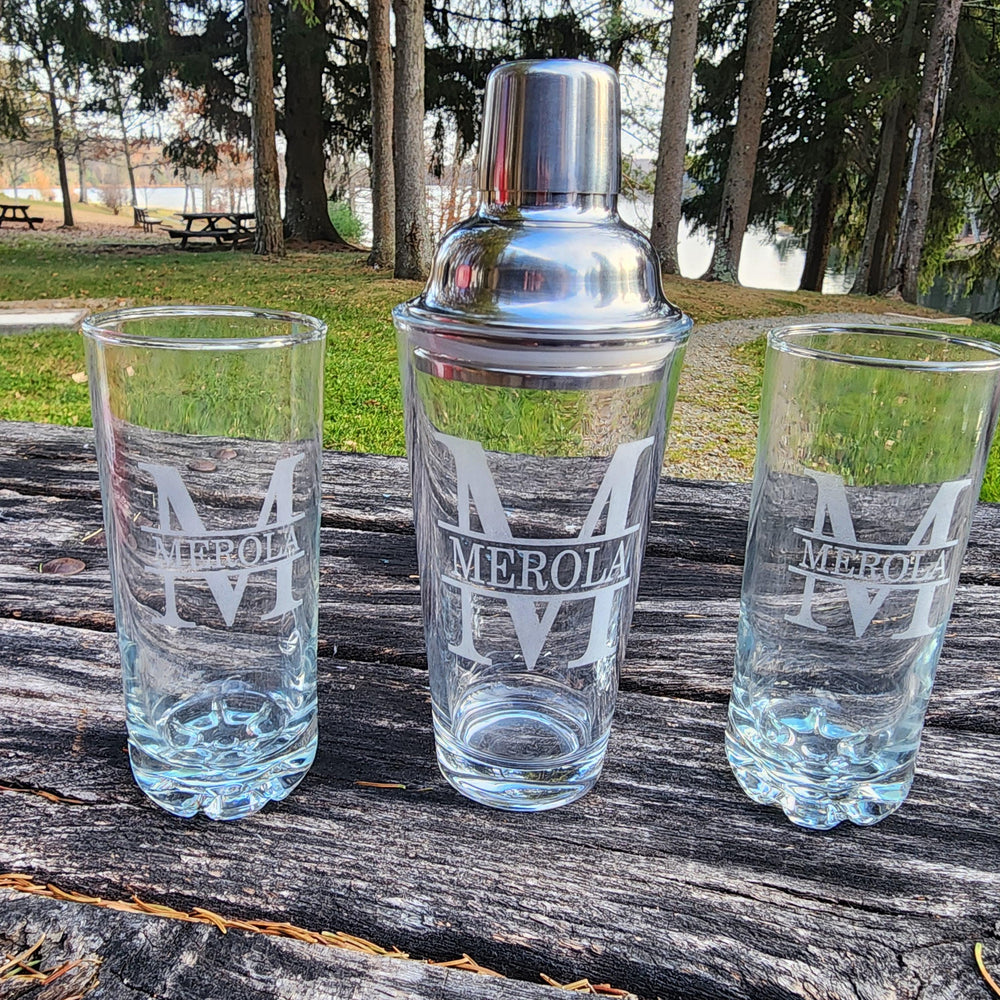 Custom Engraved Cocktail Shaker Set Highball Whiskey Glasses