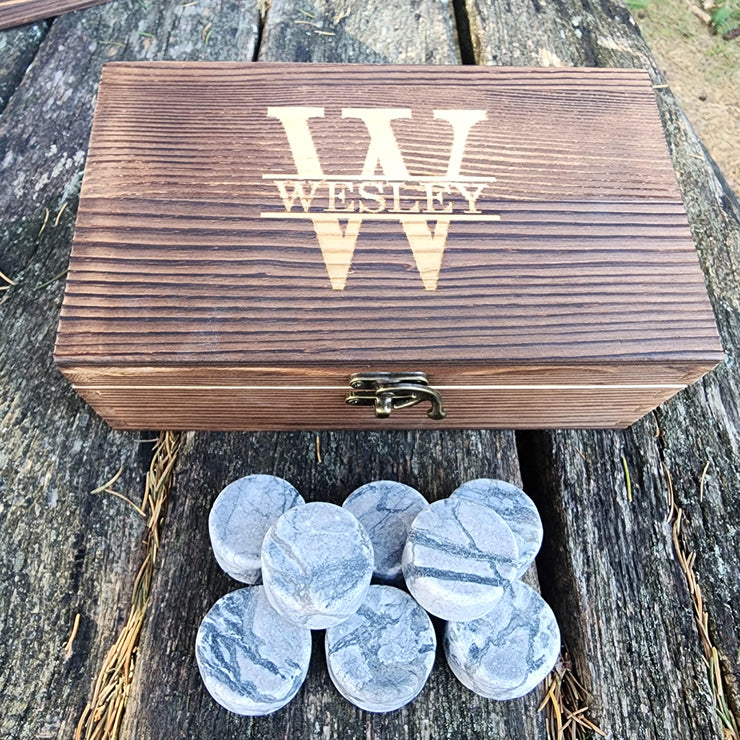 Personalized Round Whiskey Stones Wood Box Gift Set