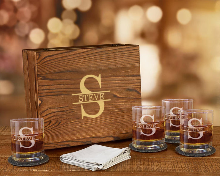 Whiskey Glass Set Wood Box Gift Engraved