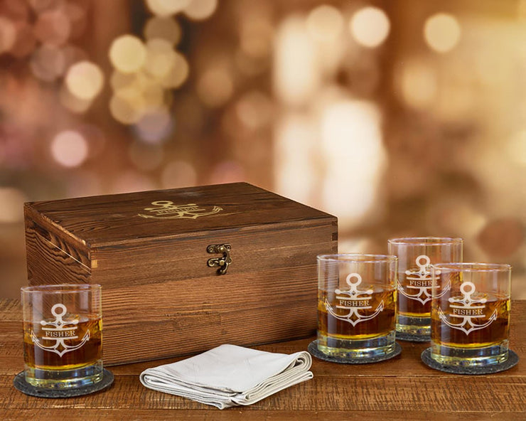 Custom Whiskey Glass Set Anchor Nautical Wood Box Gift