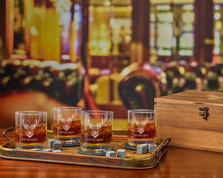Hunter Whiskey Glass Gift Set in Engraved Wood Box