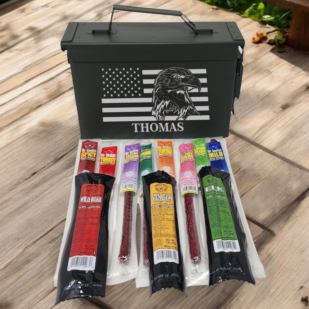Ammo Can Gift Basket: Personalized Exotic Jerky Meat Sticks for Husband, Boyfriend Anniversary Groomsmen Gifts for Men