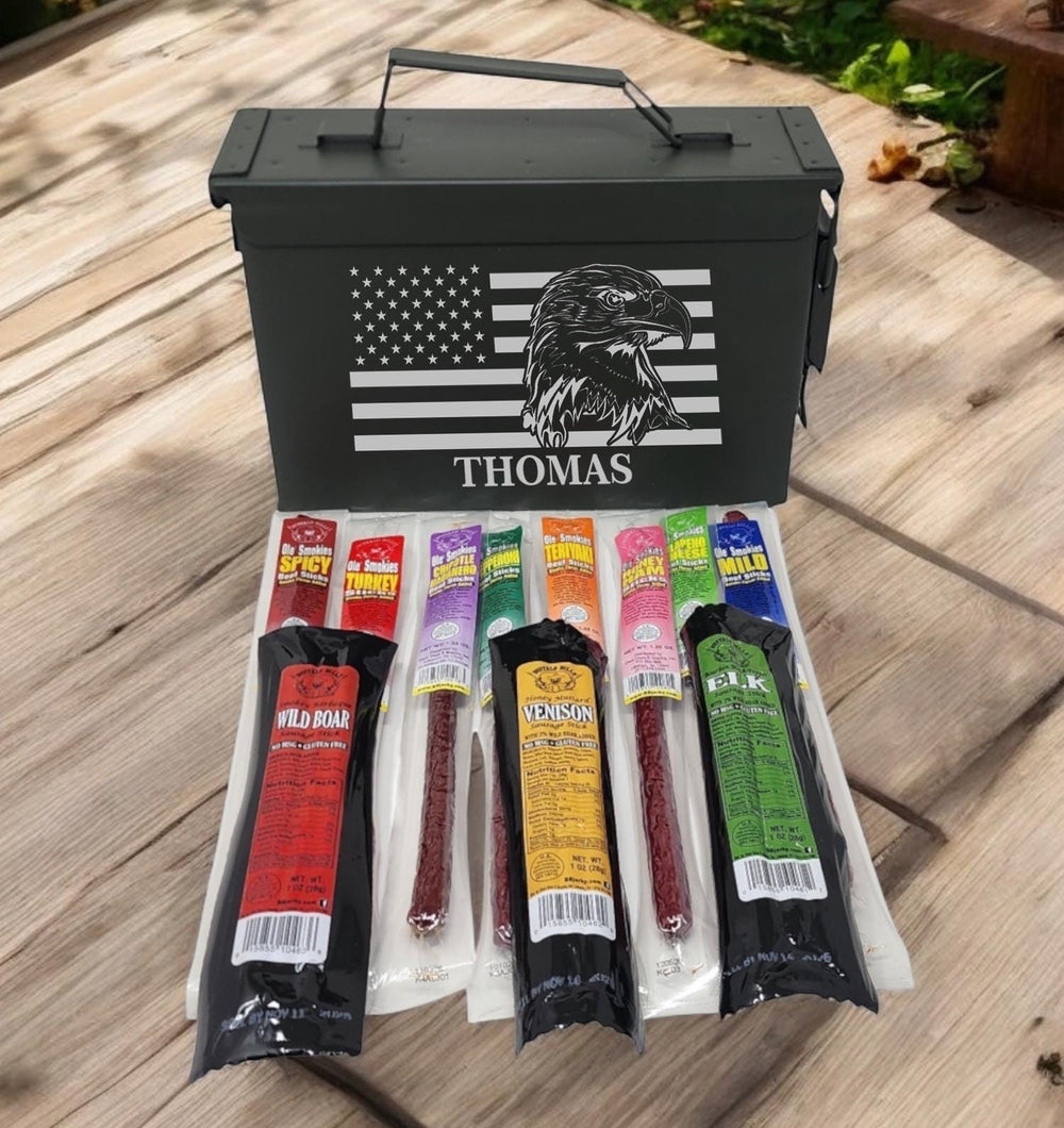 Ammo Can Gift Basket: Personalized Exotic Jerky Meat Sticks for Husband, Boyfriend Anniversary Groomsmen Gifts for Men
