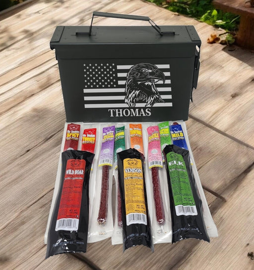Ammo Can Gift Basket: Personalized Exotic Jerky Meat Sticks for Husband, Boyfriend Anniversary Groomsmen Gifts for Men