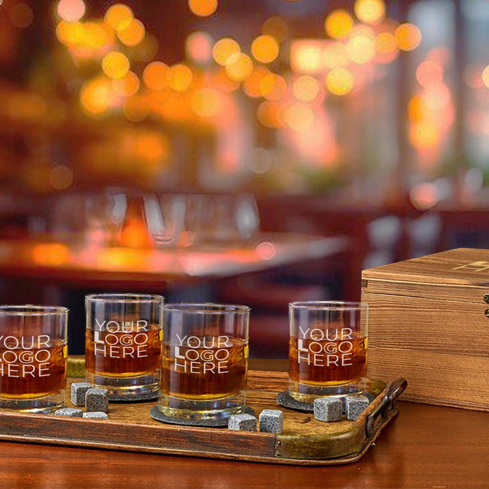 Whiskey Glass Set - Custom Engraved Set of 4 Glasses, Personalized Logo Design, Perfect for Clients & Wholesale Bulk Orders