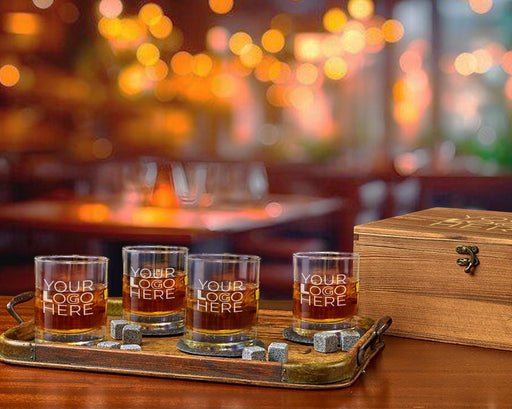 Whiskey Glass Set - Custom Engraved Set of 4 Glasses, Personalized Logo Design, Perfect for Clients & Wholesale Bulk Orders