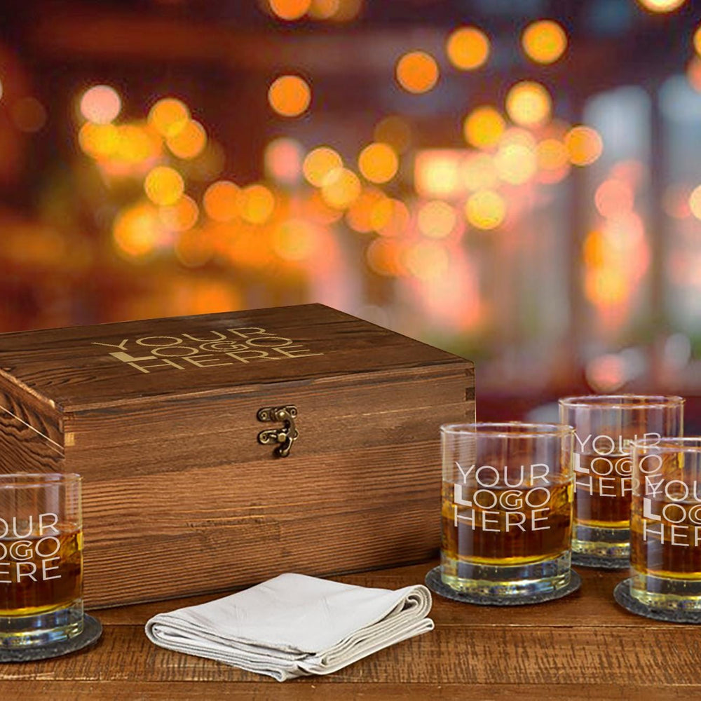 Whiskey Glass Set - Custom Engraved Set of 4 Glasses, Personalized Logo Design, Perfect for Clients & Wholesale Bulk Orders