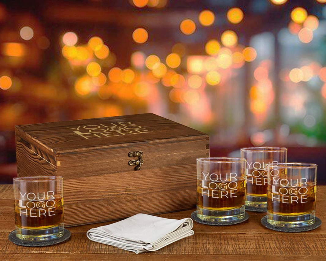 Whiskey Glass Set - Custom Engraved Set of 4 Glasses, Personalized Logo Design, Perfect for Clients & Wholesale Bulk Orders