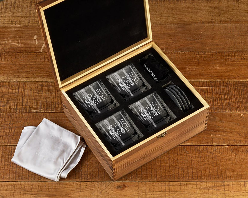 Whiskey Glass Set - Custom Engraved Set of 4 Glasses, Personalized Logo Design, Perfect for Clients & Wholesale Bulk Orders