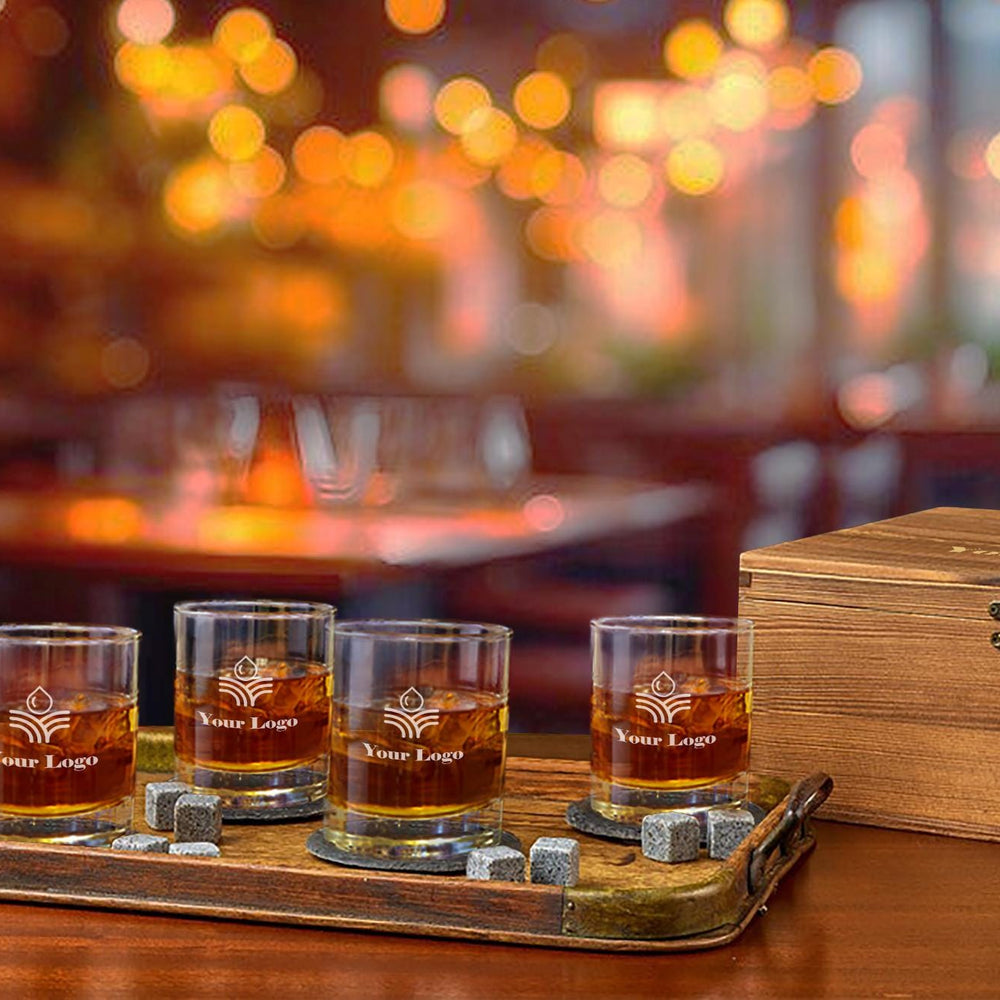 Whiskey Glass Set - Custom Engraved Set of 4 Glasses, Personalized Logo Design, Perfect for Clients & Wholesale Bulk Orders