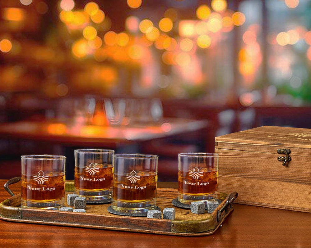 Whiskey Glass Set - Custom Engraved Set of 4 Glasses, Personalized Logo Design, Perfect for Clients & Wholesale Bulk Orders