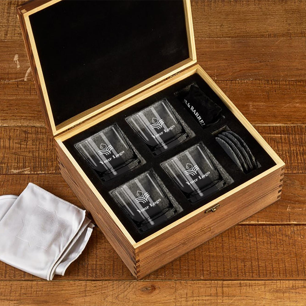 Whiskey Glass Set - Custom Engraved Set of 4 Glasses, Personalized Logo Design, Perfect for Clients & Wholesale Bulk Orders