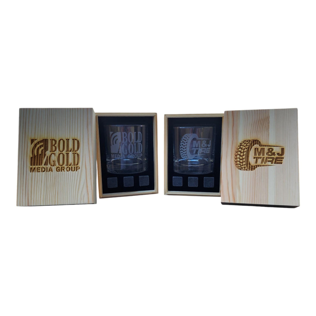 Custom Corporate Engraved Wood Box Whiskey Glasses, Personalized Logo Design, Ideal Clients Employee Gifts for Lawyers & Bulk Orders