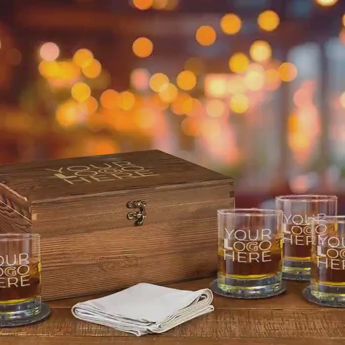 Whiskey Glass Set - Custom Engraved Set of 4 Glasses, Personalized Logo Design, Perfect for Clients & Wholesale Bulk Orders